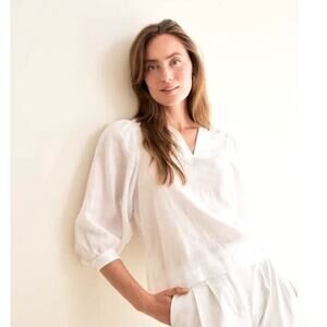 J.McLaughlin Georgette Ramie Tencel Split V-Neck 3/4 Cuffed Sleeves Top S Airy
